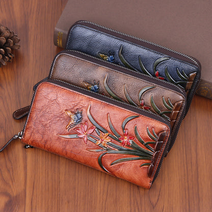 Leather Butterfly Embossed Zipper Wallet