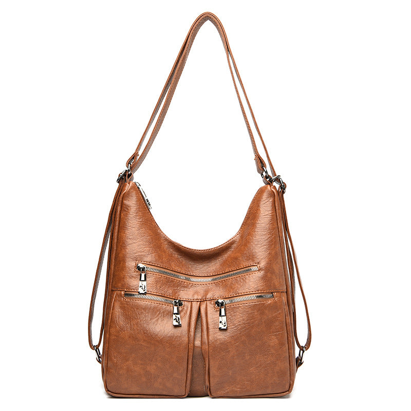 Soft Leather Solid Color Large Shoulder Bag