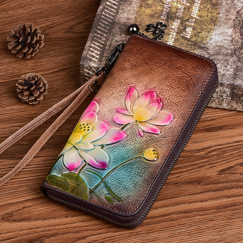 Women's Leather Floral Embossed Zipper Wallet