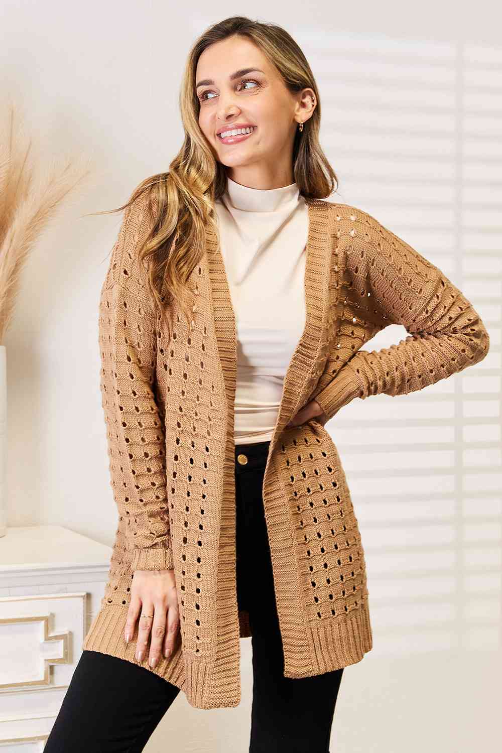 Woven Right Openwork Horizontal Ribbing Open Front Cardigan