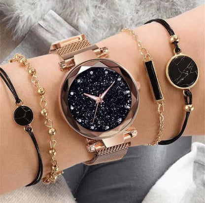 Starry Sky, Rhinestone & Marble: 5 PCS Women's Quartz Watch Set