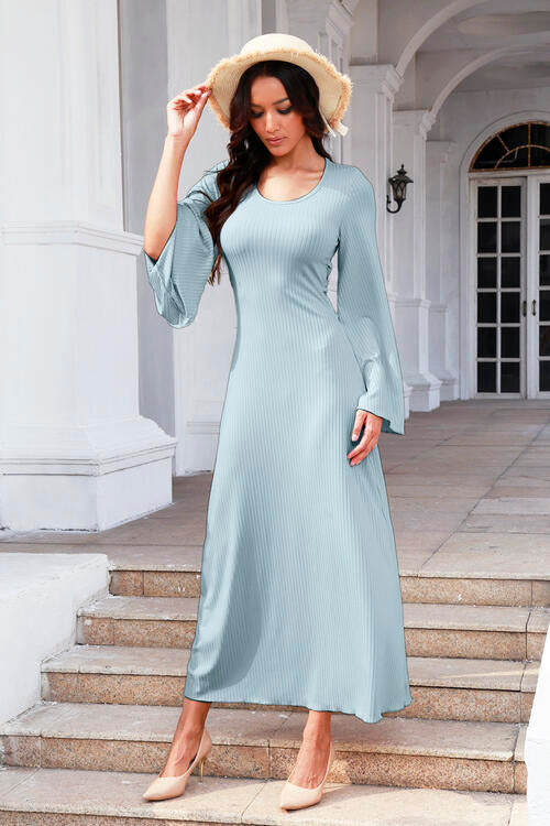 Tie Back Ribbed Round Neck Long Sleeve Dress