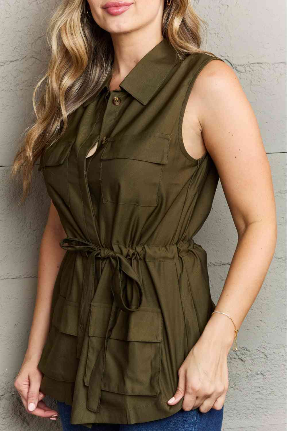 Light Sleeveless Collared Button Down Top - ARMY GREEN