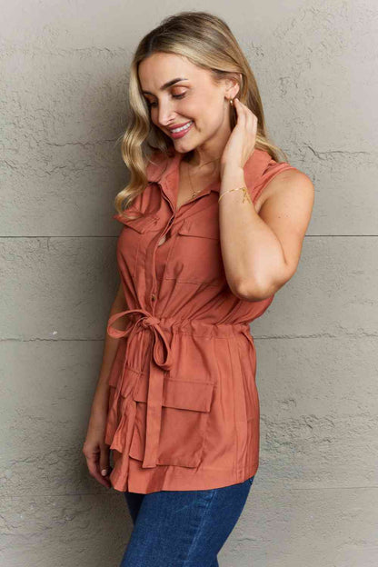 Light Sleeveless Collared Button Down Top - BRICK RED