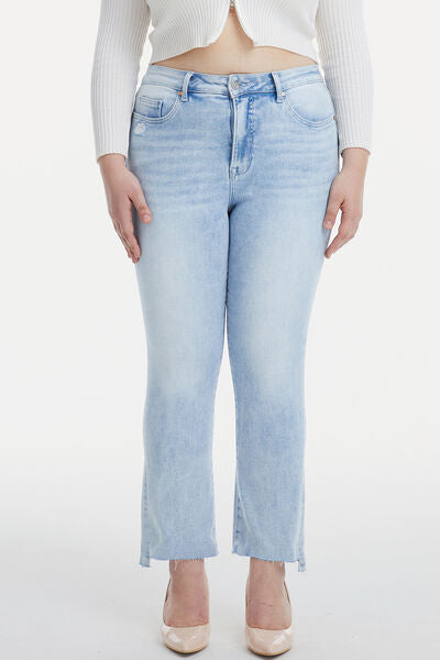BAYEAS Full Size High Light Denim Waist Raw Hem Washed Straight Jeans