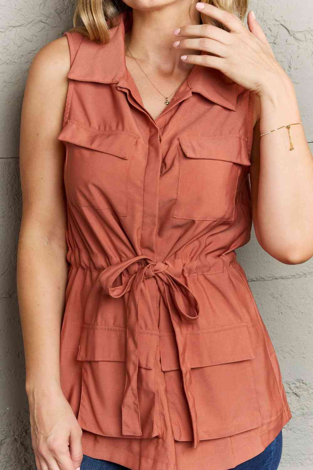 Light Sleeveless Collared Button Down Top - BRICK RED